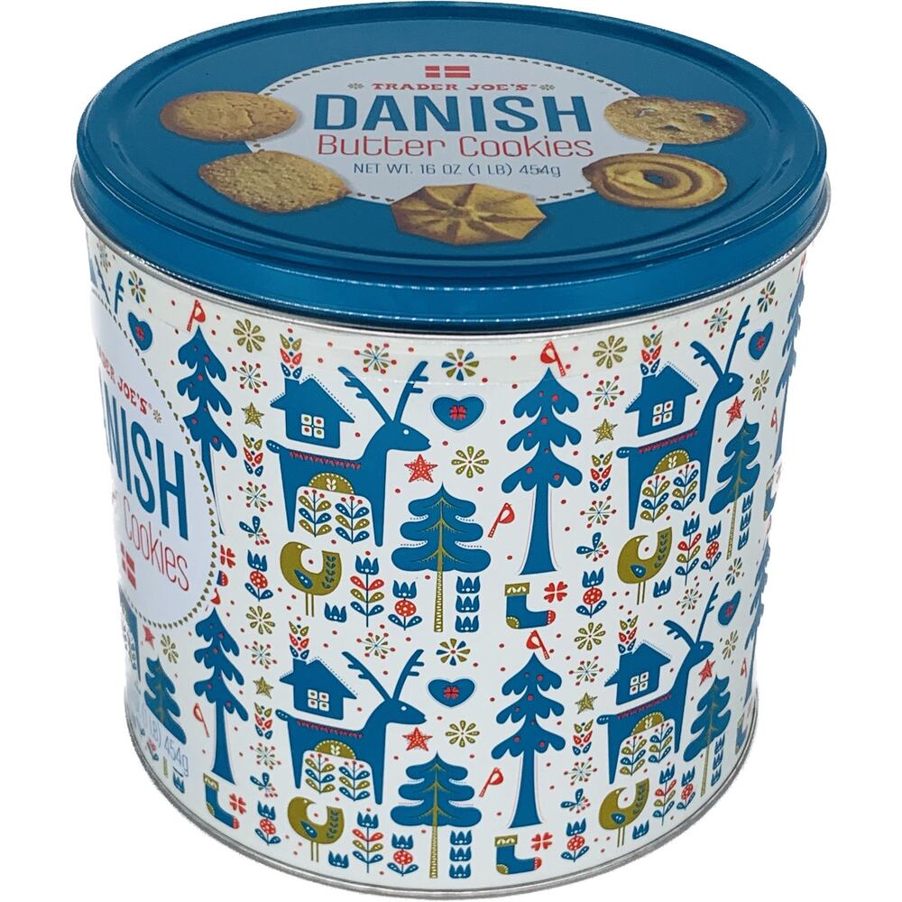 Round Tin With Lid Blue White Folk Art Danish Butter Coo.kies 5 x 5 Inches Mod